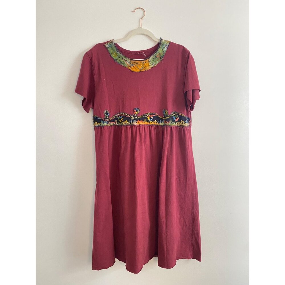 Handmade Burgundy T-Shirt Dress With Embroidered Detail Boho Style Best for M/L